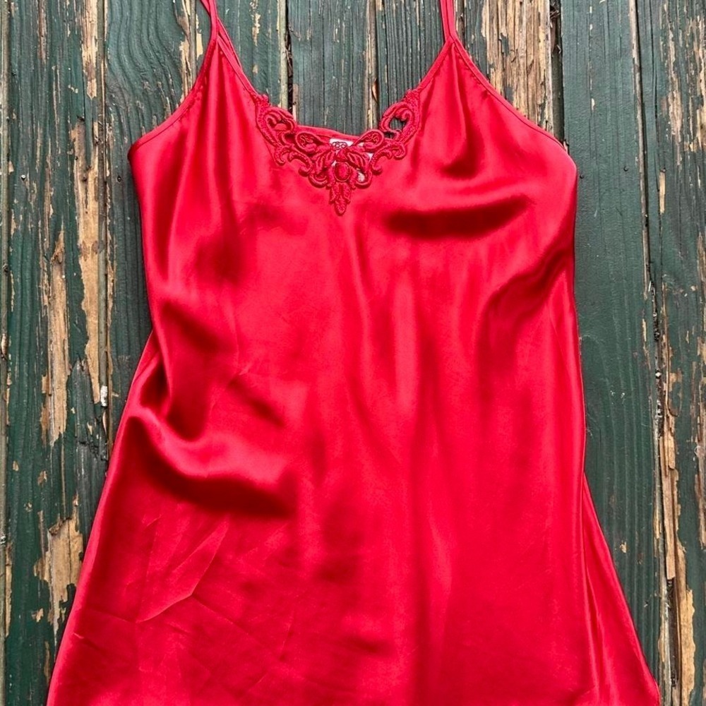 Red silk lingerie slip dress with lace‎